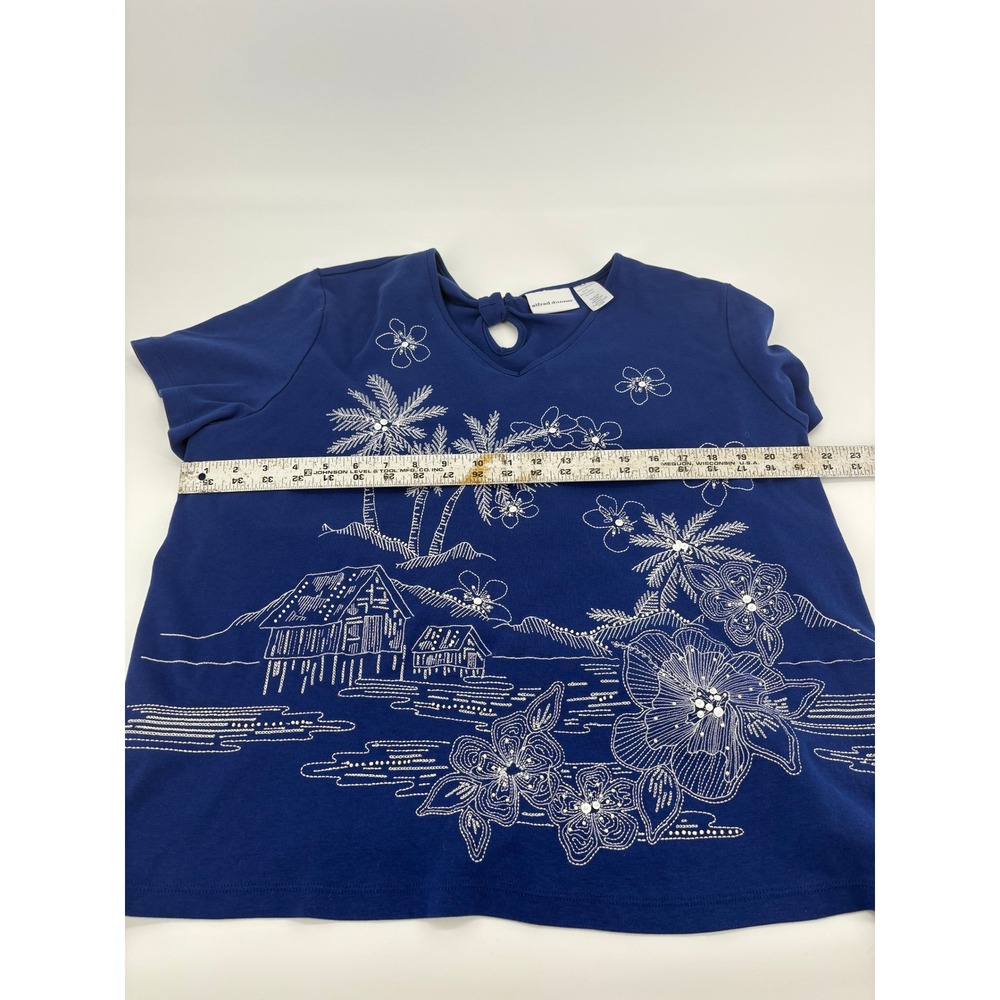 Alfred Dunner Blue Palm‎ Tree Floral Embroidered T-Shirt Top XL - Picture 4 of 6